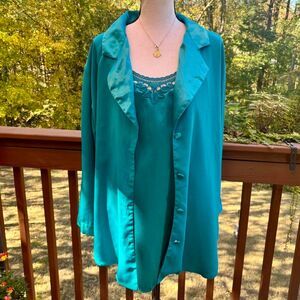 Vintage 1980s Victoria’s Secret Gold Label Teal Robe & Slip Dress Set Size M